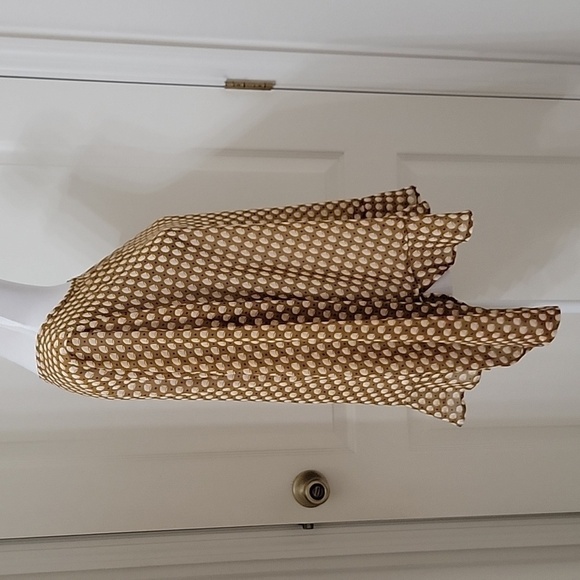 Loft Size M Mustard Brown/Yellow/Green Patterned Long Sleeve Semi-Sheer Blouse - Picture 8 of 14